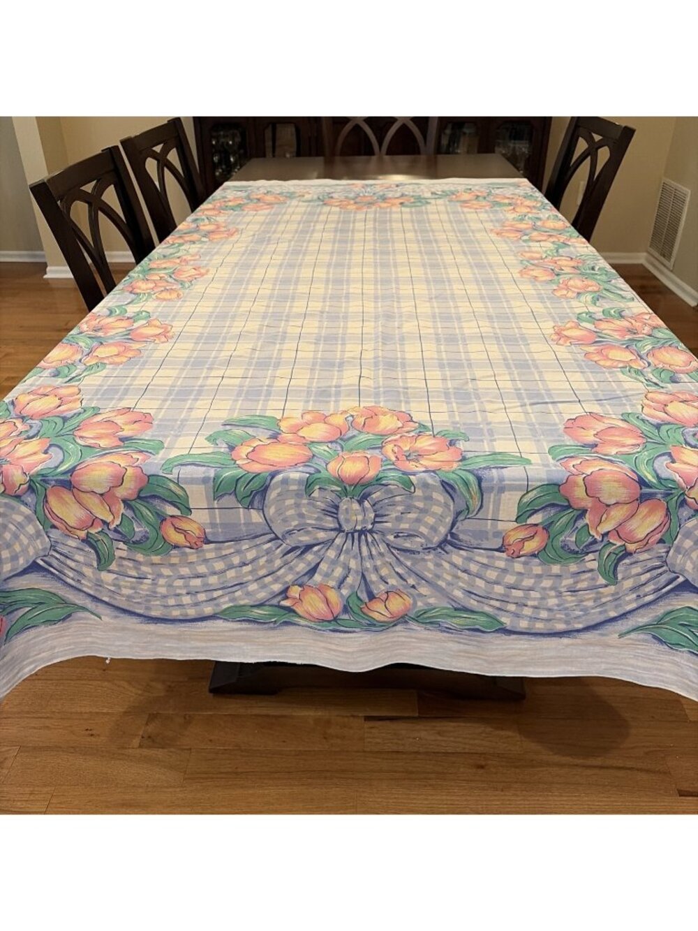 Vintage Floral Lattice Tablecloth 80 x 60" Blue Tulips 100% Cotton Cottagecore
